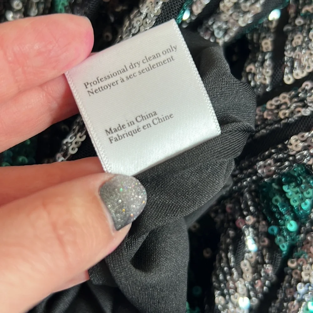 Marchesa Notte Sequin Lace Black Green Silver Dress - Picture 6 of 7